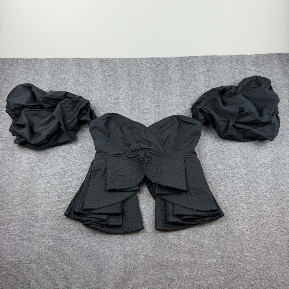 Style Mafia Off Shoulder Top Women's Small Black Puff Sleeve Cotton Peplum 958